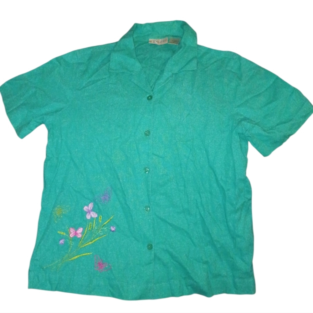 ✨Kim Rogers Turquoise Button-Up Top with Floral Design Size S